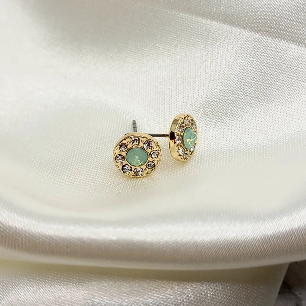 Gold Seafoam Diamond Halo Rhinestone Stud Button Earrings